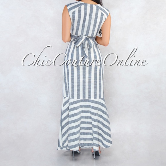 Taupe Black Stripes Front Tie Cut-Out Maxi Dress - Picture 4 of 4